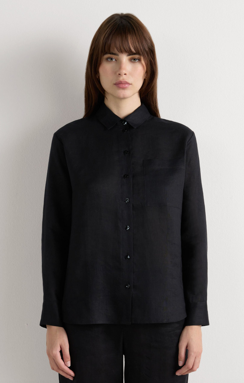 Classic and cool 🖤 this black linen button-down is a wardrobe staple for effortless chic. Perfect for layering or pairing with tailored trousers or denim. #BlackLinenShirt #LTKStyle #MinimalOutfit #CapsuleWardrobe 

 #LTKstyletip #LTKworkwear #LTKFashionMonth