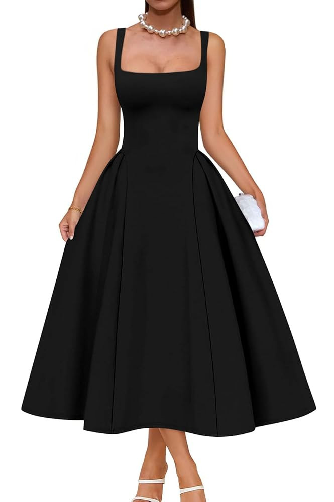 Memoriesea Women's Elegant Square Neck Swing A Line Wedding Evening Party Midi Dress | Amazon (US)