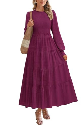PRETTYGARDEN Women's Long Sleeve Maxi Dresses 2025 Fall Casual Smocked Trim Neck Swiss Dot Tiered Flowy Wedding Guest Dress (Burgundy,L) | Amazon (US)