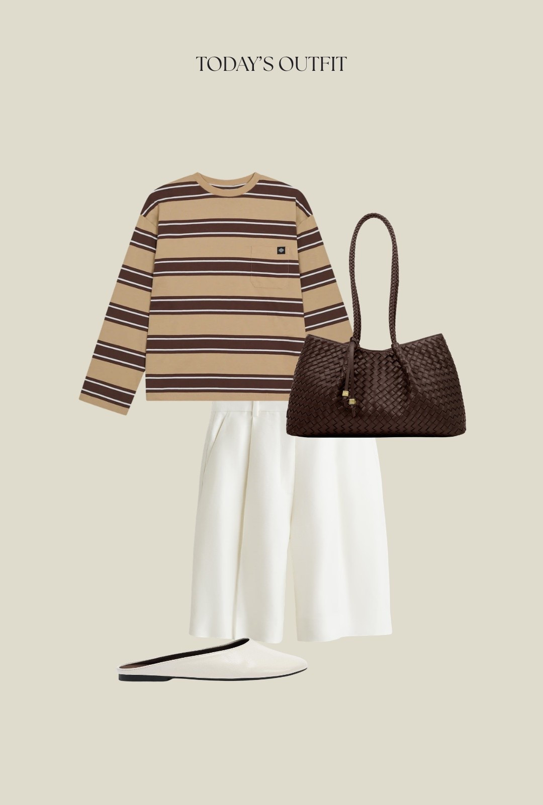 Spring warm weather outfit of the day!
H&M white shorts 
Summer flats 
Couture club striped tshirt
Brown woven bag 