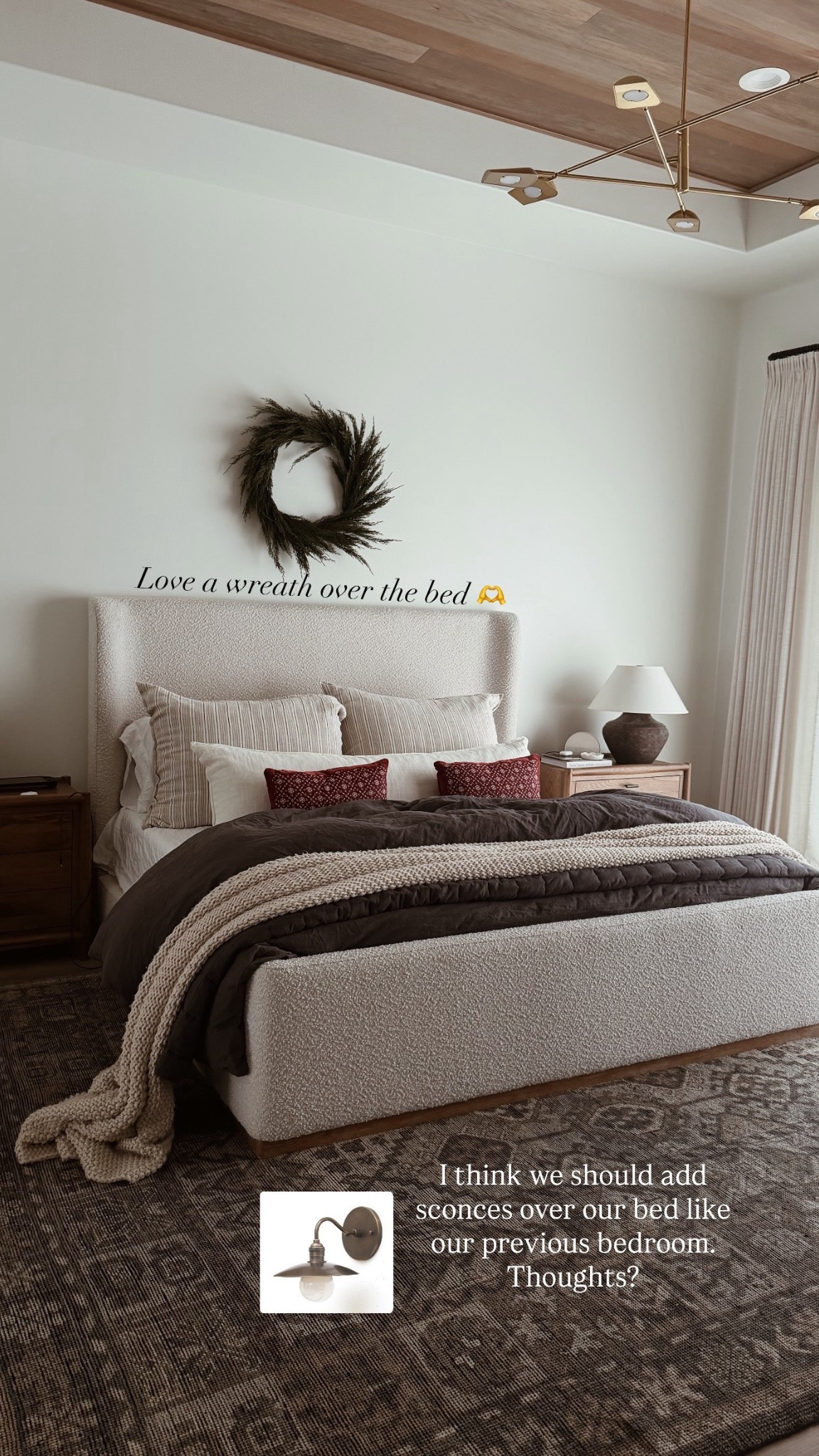 Lots of request for our bedroom, so here ya go! I got this wreath on sale last year and it’s sooo pretty in person! Our red pillows are on sale right now too!