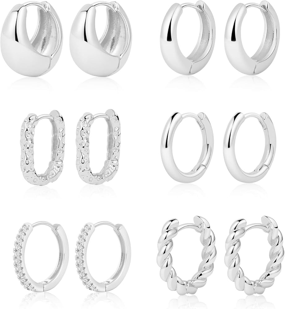 Silver Hoop Earrings Set for Women, 6 Pairs Sterling Silver Twisted Small Huggie Hoop Earring Lig... | Amazon (US)