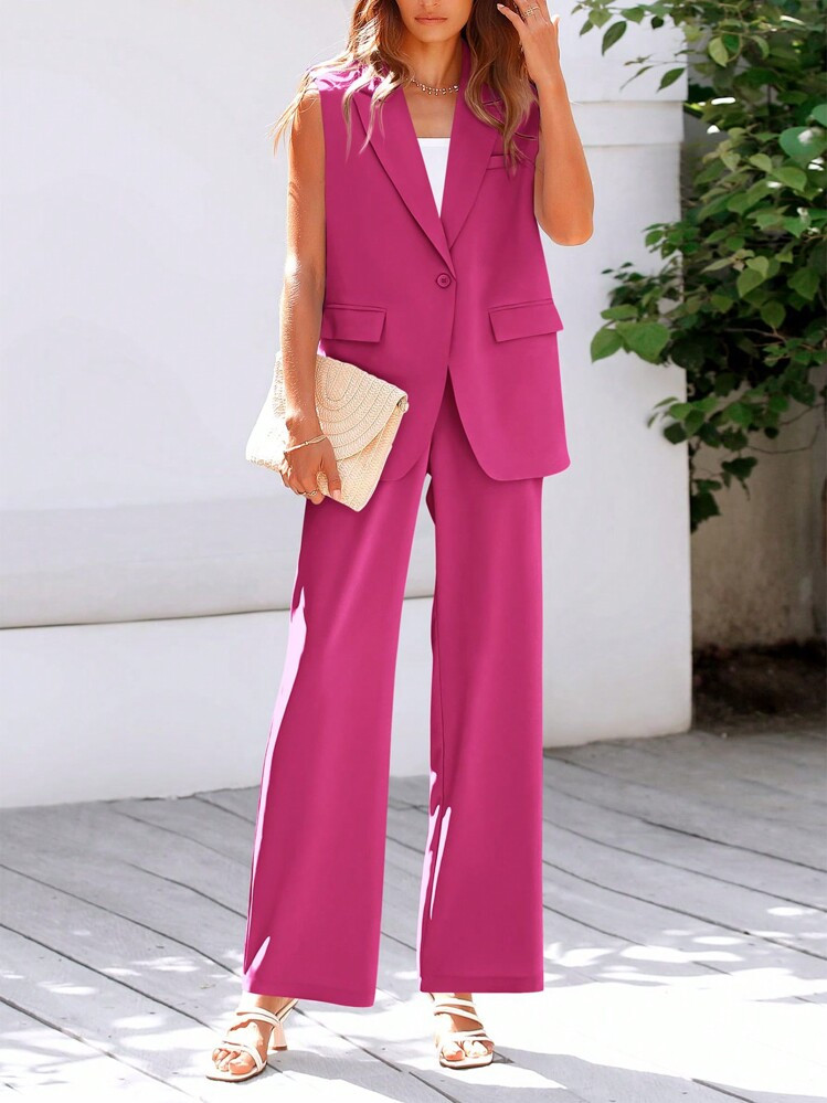Women's Two-Piece Suit Sleeveless Blazer Vest And Wide-Leg Pants Business Casual Sports Suit | SHEIN