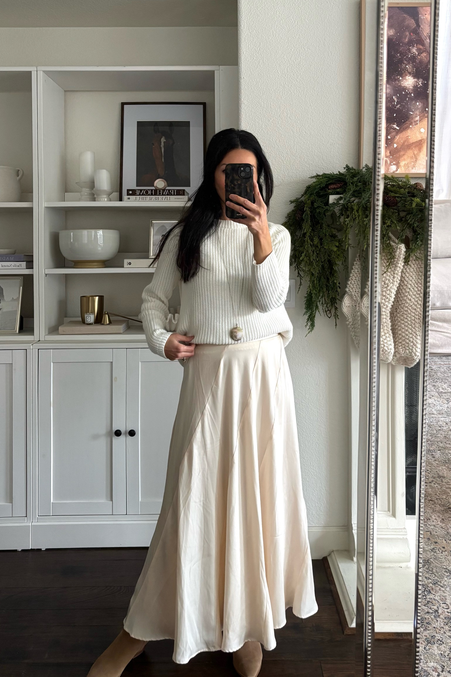 My favorite organic cotton fisherman sweater in white. It comes in several colors and is such fantastic quality. It’s under $50 too!

Long gold locket necklace. Mine is vintage, but I found a couple similar ones to link. 

Vanilla satin midi skirt. Linking a similar one to mine. 

Fashion over 40
Quince sweater
Quince cotton fisherman sweater 
Winter white outfit 

#LTKOver40 #LTKSeasonal #LTKHoliday