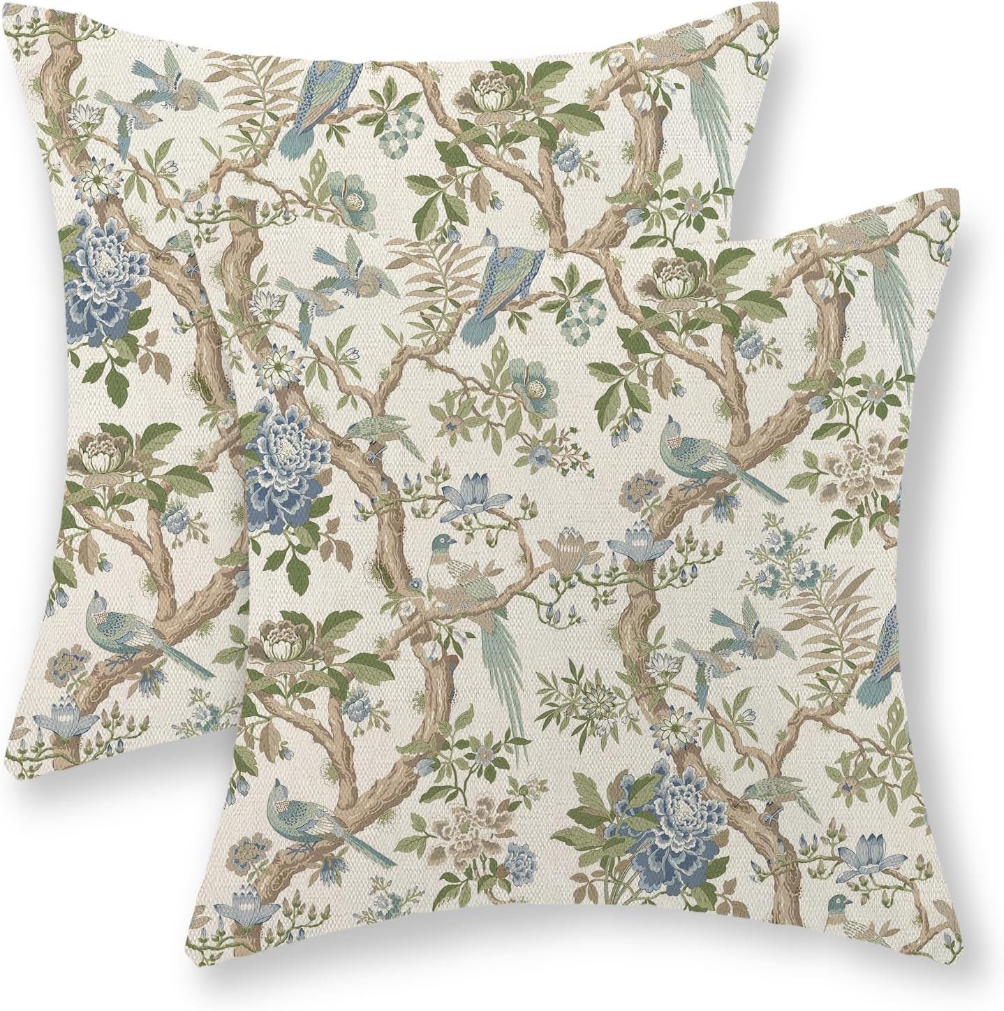 Blue Green Floral Bird Pillow Covers 24x24 Set of 2 Chinoiserie Throw Pillows Green Vintage Flowers Bird Decorative Pillow Cases Outdoor Chinoiserie Decor Farmhouse Cushion Case for Couch Sofa | Amazon (US)