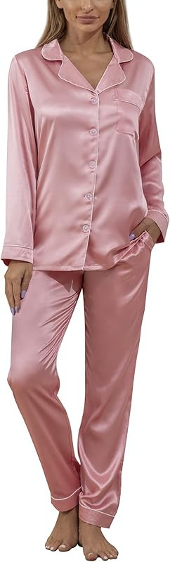 YIMANIE Womens Silky Satin Pajamas Set Classic Sleepwear Loungewear | Amazon (US)