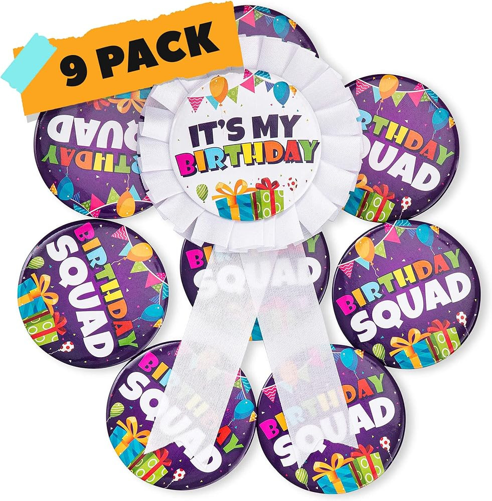 CORRURE 9pcs Birthday Button Pins 2.35" - Party Birthday Pins for the Whole Birthday Squad - Unis... | Amazon (US)