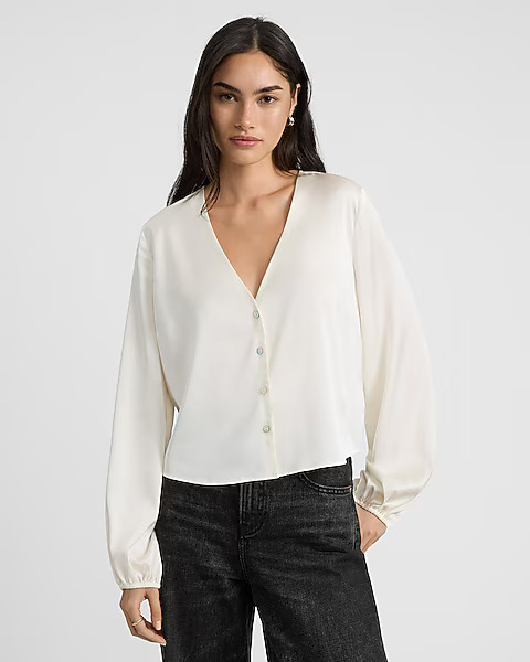 V-Neck Balloon Sleeve Button Up Shirt | Express