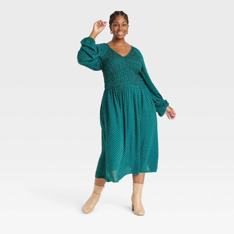 Women's Plus Size Balloon Long Sleeve Smocked Bodice Dress - Ava & Viv™ | Target