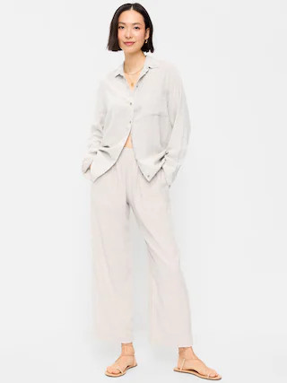 High-Waisted Linen-Blend Straight Ankle Pants | Old Navy (CA)