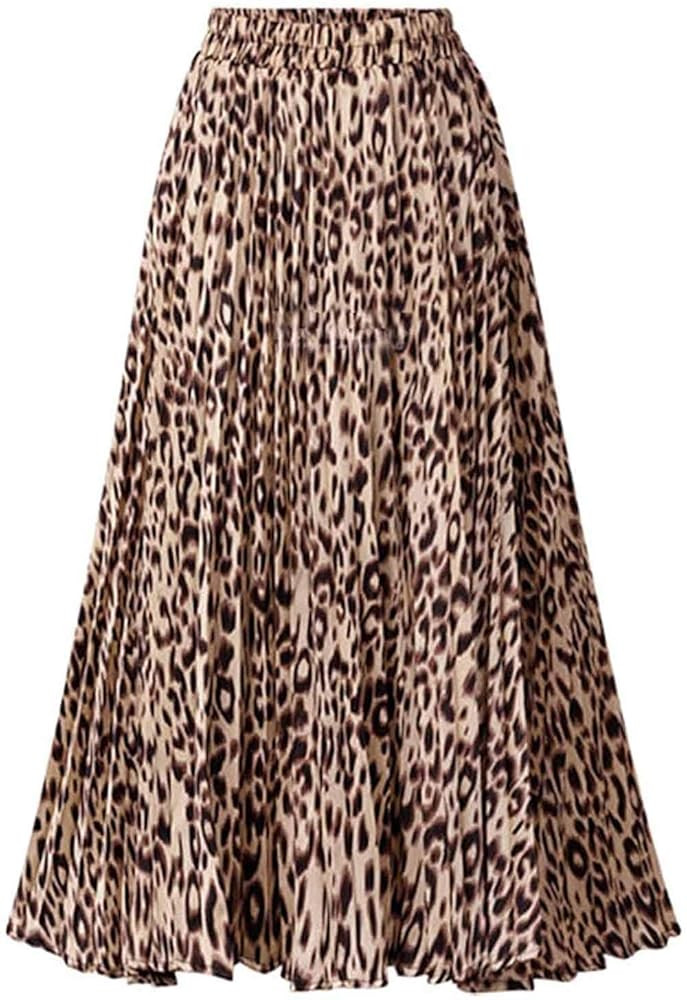Basoteeuo Womens Skirt Leopard Print Midi Long Shirring Pleated Skirts High Waisted A Line Skirts | Amazon (US)