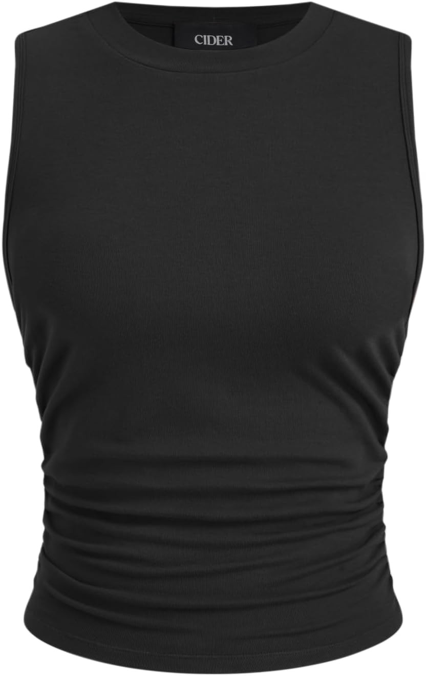 CIDER Womens Tank Tops Sleeveless High Neck Ruched Crop Tops Going Out Casual Basic Ribbed Shirt Summer Fashion Clothing | Amazon (US)