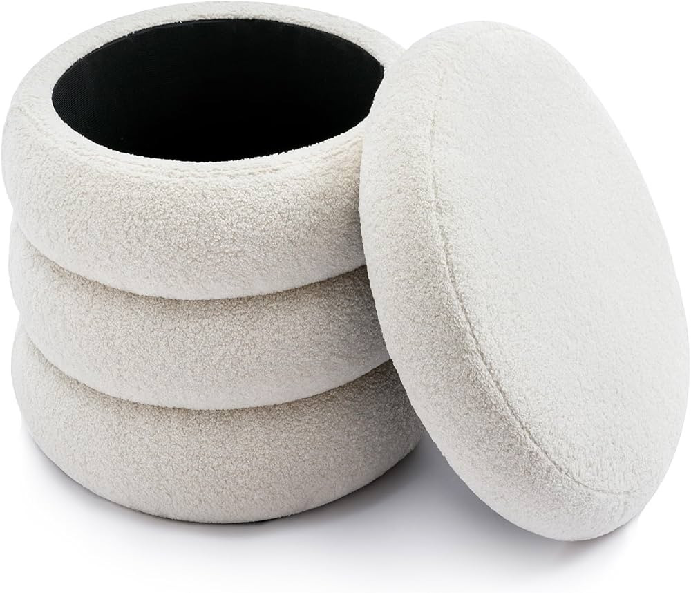 Round Boucle Ottoman with Storage, Sherpa Storage Ottoman, Comfortable Small Circle Footrest for ... | Amazon (US)