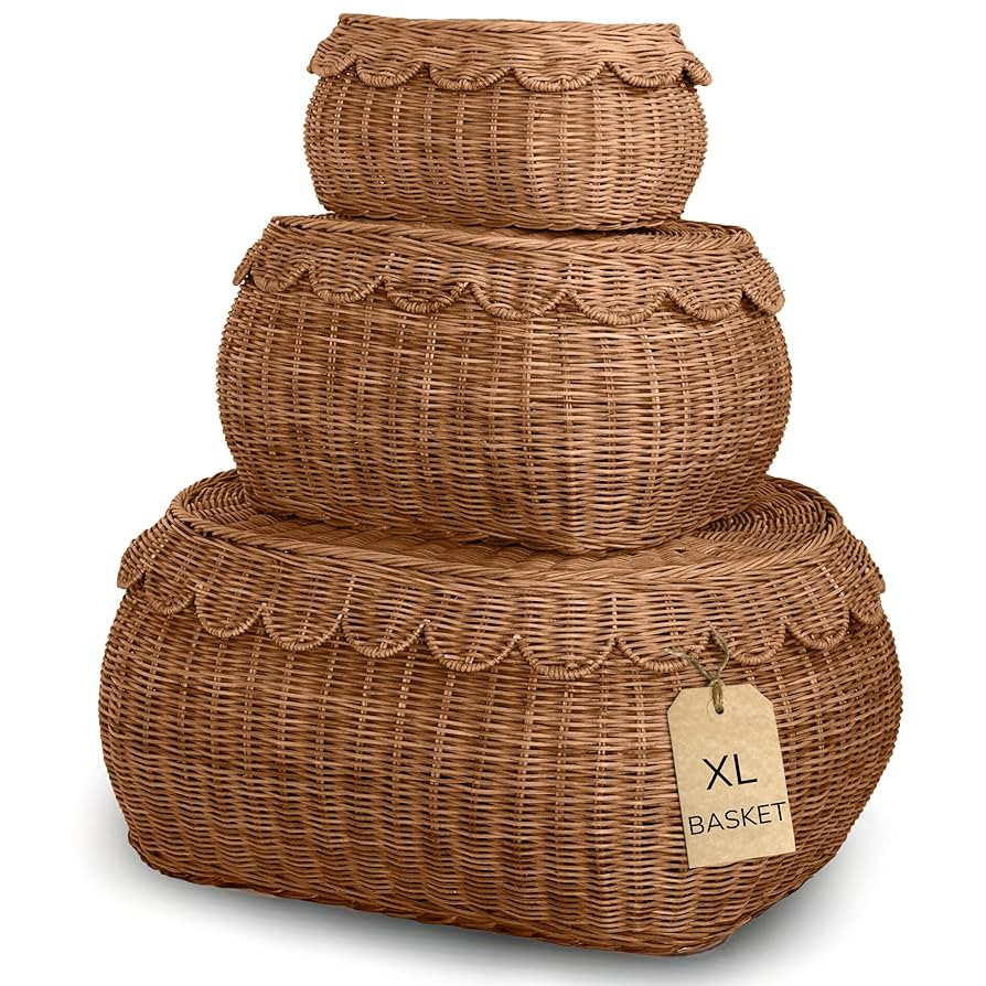 BEBE BASK Large Scalloped Basket Set Of 3 - Hand-Woven & Award-Winning Scallop Basket - XL - Extr... | Amazon (US)