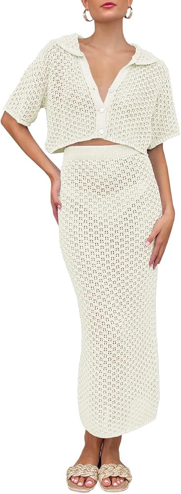 Saodimallsu Women Crochet Beach Cover Up Set Knit Crop Button Short Sleeve Collar Top Bodycon Long Skirt 2 Piece Outfits | Amazon (US)
