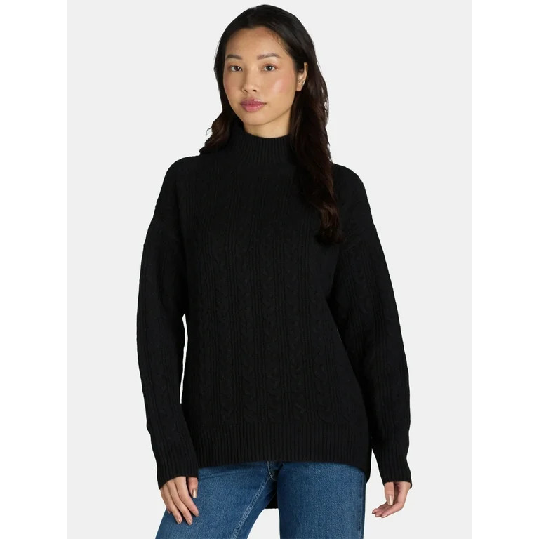 Time and Tru Women's and Women’s Plus Cable Knit Mock Neck Sweater, Sizes XS-3X | Walmart (US)