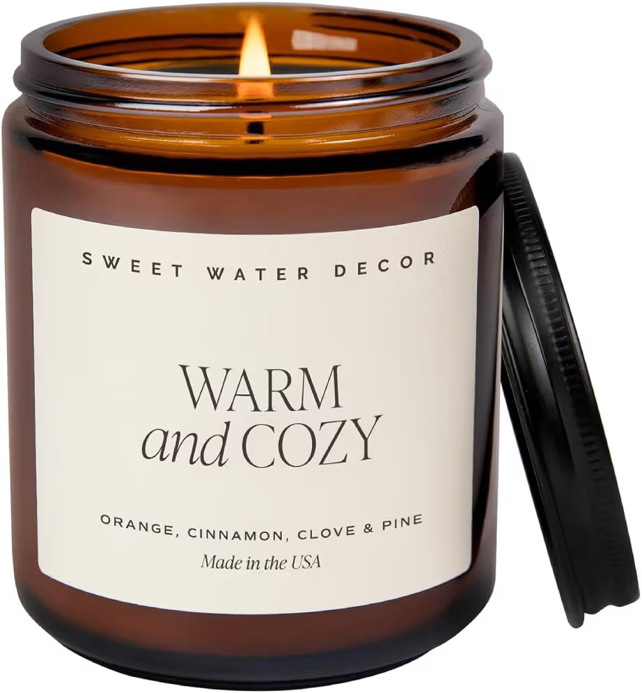 Sweet Water Decor Warm and Cozy Soy Candle - Orange Peel, Cinnamon, Ginger and Clove Scented Candles for Home - 9oz Amber Jar + Black Lid, 40+ Hour Burn Time, Made in The USA | Amazon (US)