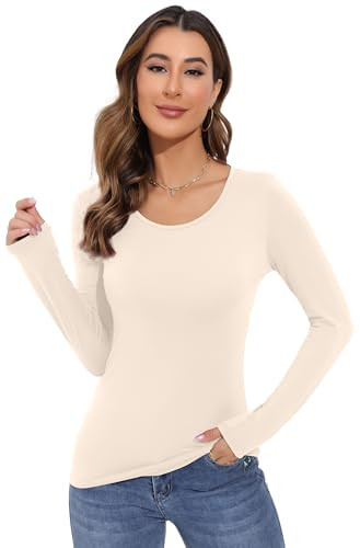 Women's Basic Long Sleeve T Shirts, Crewneck Slim Fit Tops, Plain Layer Underscrub Tees XX-Large Beige | Amazon (US)