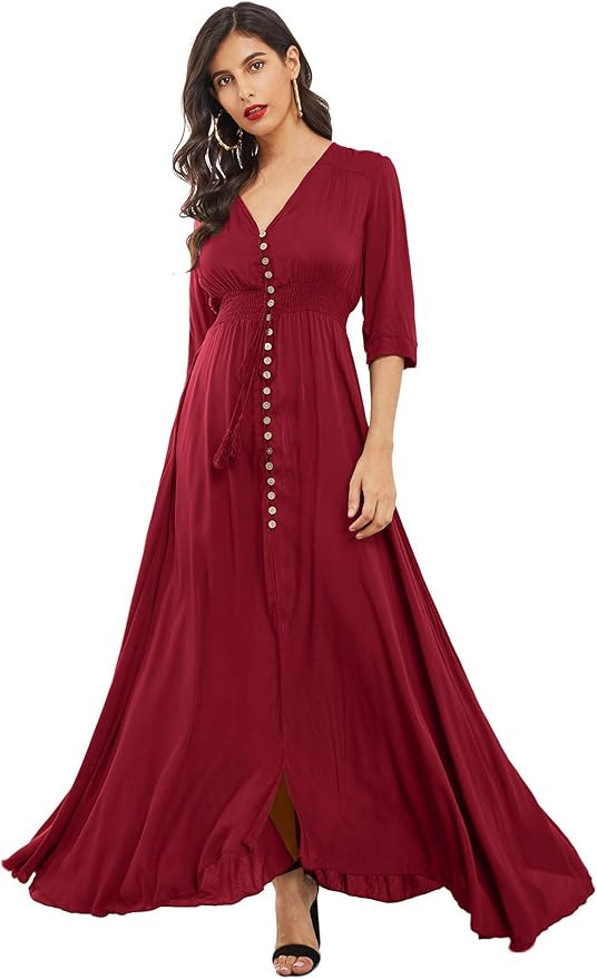 Milumia Women's Button Up V Neck Half Sleeve Split Flowy Plain Party Maxi Dress | Amazon (US)