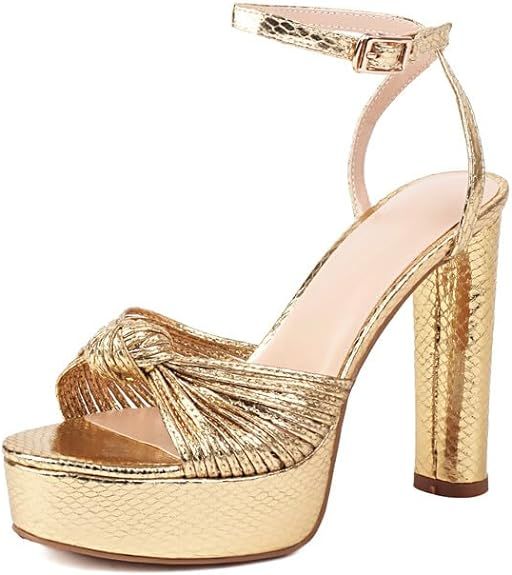 Bow Metallic Platform Heels for Women Chunky Buckle Ankle Strap Heeled Sandals Sexy Snakeskin Com... | Amazon (US)
