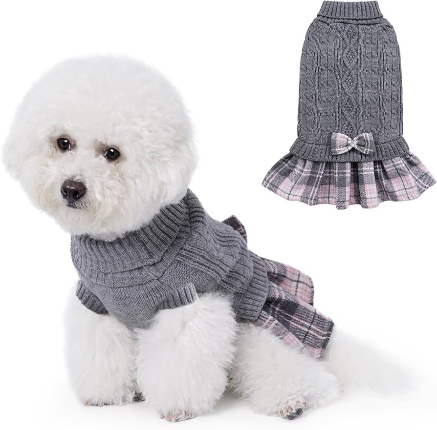 YUDODO Dog Sweater Dress for Small Dogs with Bowtie Turtleneck Knitted Dog Dress Pet Dog Winter C... | Amazon (US)