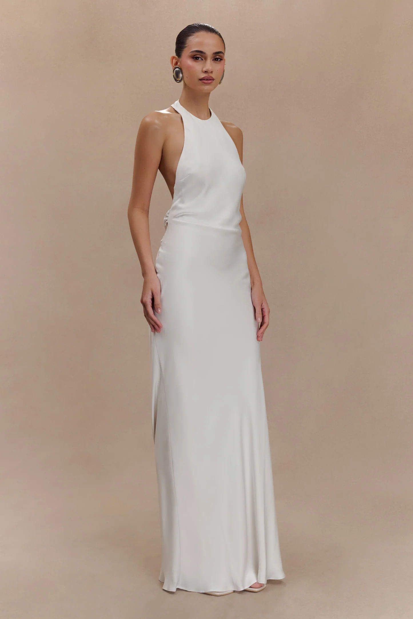 Rinna Satin Halter Maxi Dress - Ivory | MESHKI US