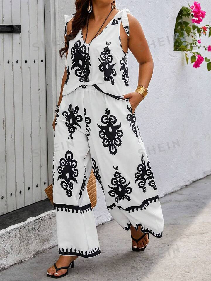 SHEIN VCAY Plus Size Knot Neckline Sleeveless Top And Wide Leg Pants Two Piece Set | SHEIN