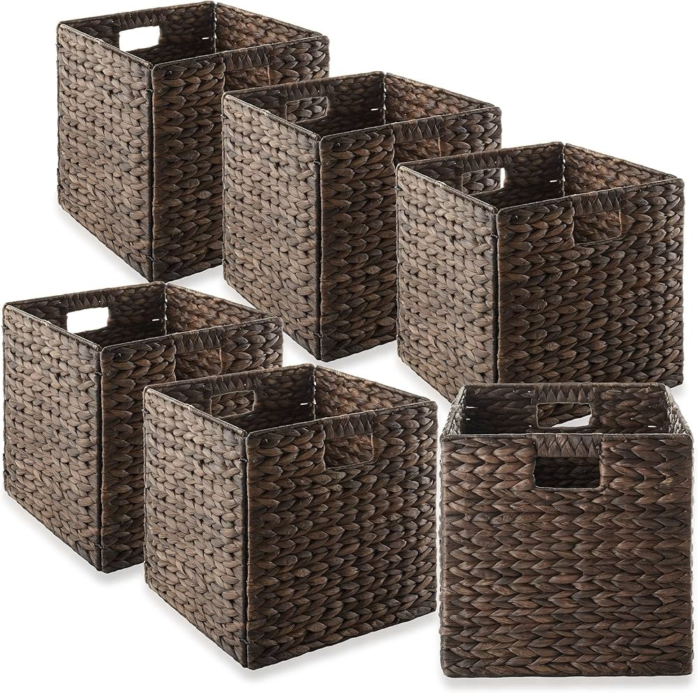 Casafield 12" x 12" Water Hyacinth Storage Baskets, Espresso - Set of 6 Collapsible Cube Organize... | Amazon (US)