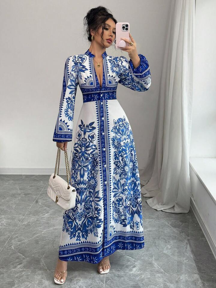 Elenzga Women's Floral Print V-Neck Button Elegant Midi Dress | SHEIN