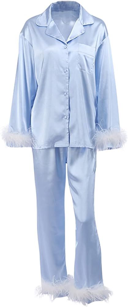 ICNGLKSND Womens 2pcs Button Sleepwear Set Long Sleeve Feather Trim Lapel Shirt Tops + Pants Paja... | Amazon (US)