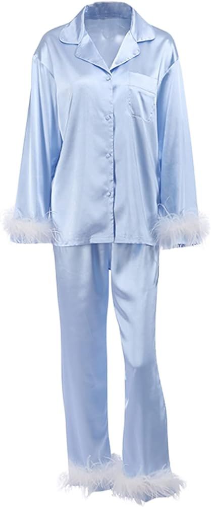 ICNGLKSND Womens 2pcs Button Sleepwear Set Long Sleeve Feather Trim Lapel Shirt Tops + Pants Paja... | Amazon (US)
