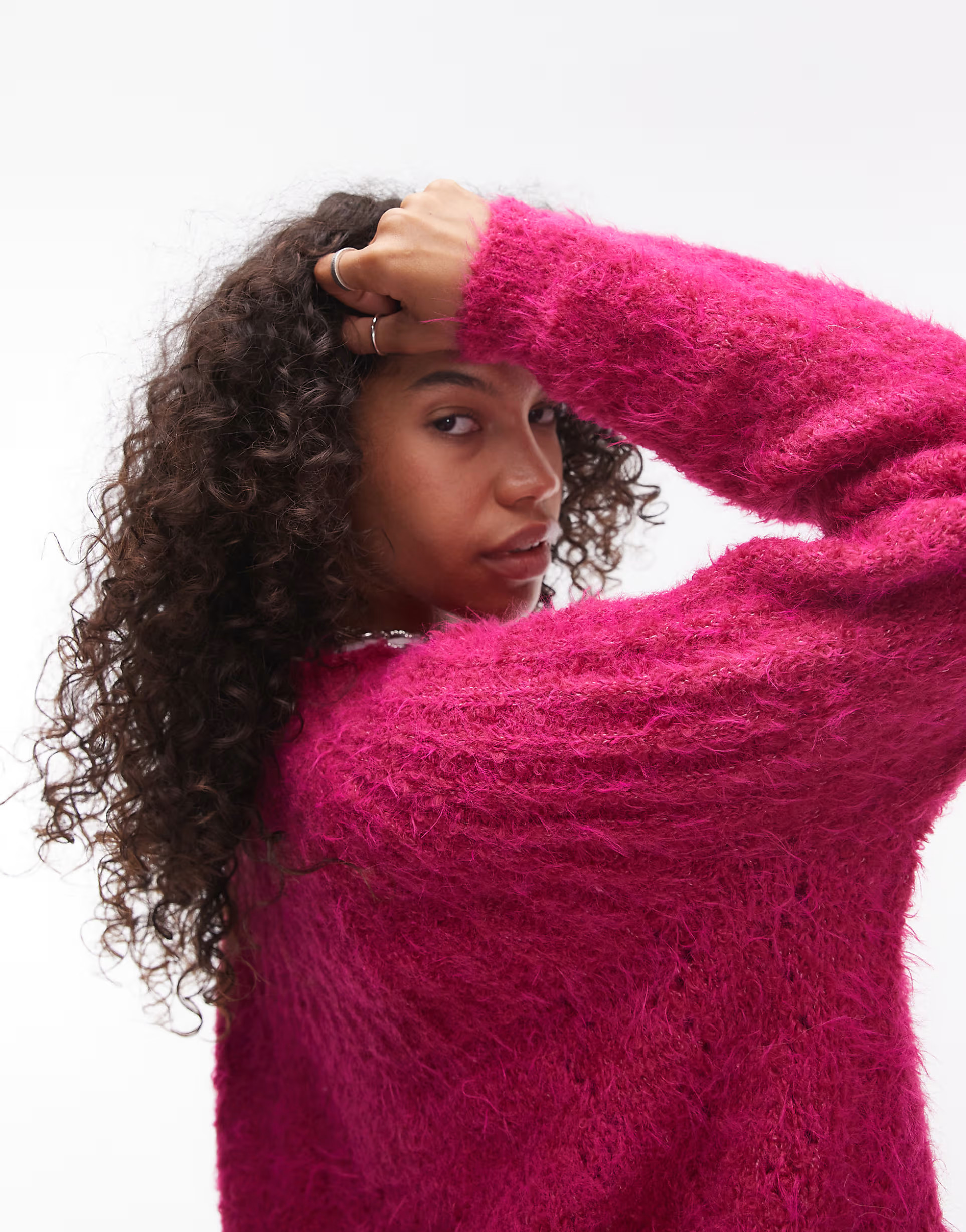 Topshop knitted super fluffy rib detail relaxed jumper in magenta | ASOS | ASOS (Global)