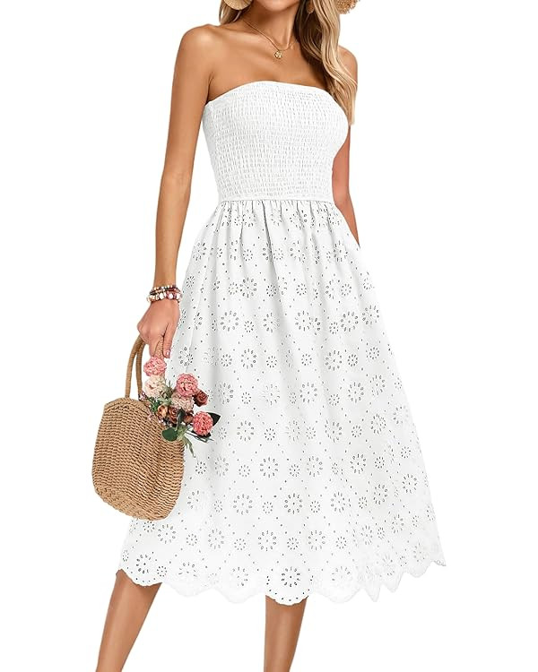 Kate Kasin Women's Summer Strapless Dress Off Shoulder Smocked Casual A Line Eyelet Beach Wedding... | Amazon (US)