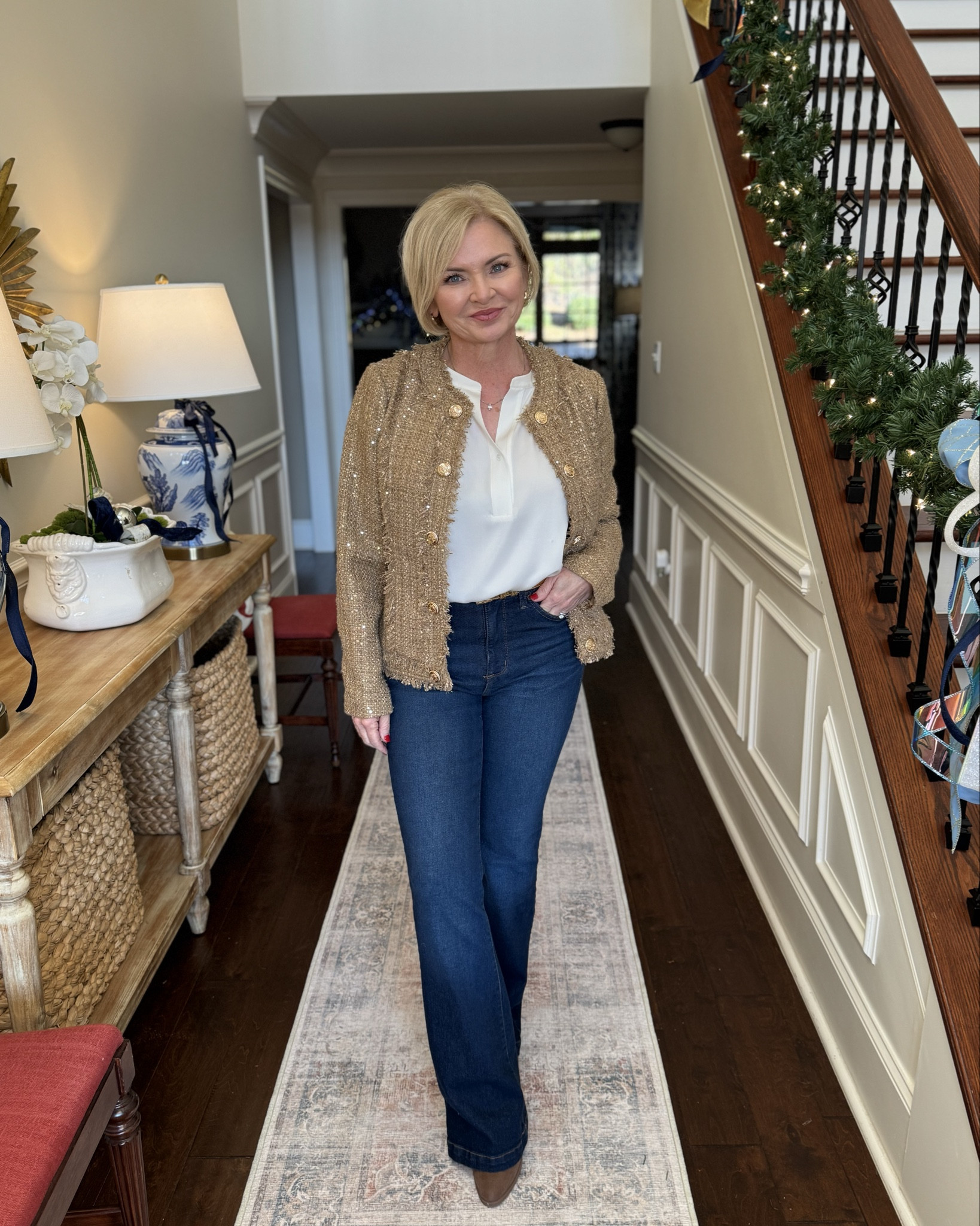 Go for the gold! A statement jacket in a classic style like this tweed will serve you for YEARS to come.  The subtle sprinkle of sequins gives it a special flair, perfect for the holidays. Pairs equally well with jeans and dressier looks!  I'm wearing it in size Small. 

Lady jacket
Tweed jacket
Christmas outfit
Holiday outfit
Jeans
Boots

#holidaylooks
#christmasparty
#holidayoutfits
#petitefashion
#midlifefashion
#christmasparty
#christmasoutfit

#LTKStyleTip #LTKHoliday #LTKOver40