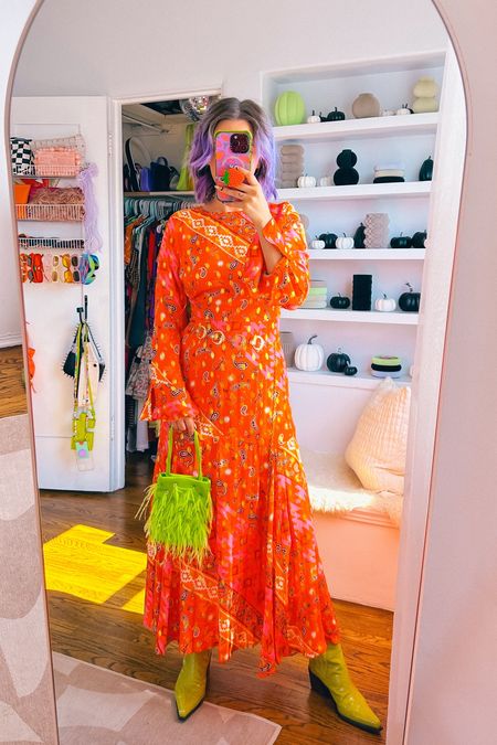 Fall transitional outfit 🍂🌸

Champagne wears a multicolored orange red and yellow gold maxi dress from Never Fully Dressed, green leather boots and neon like green feather rhinestone purse bag.

Dopamine dressing colorful vibrant eclectic maximalist maximalism rainbow multicolored colored hair style fashion inspo color fall Halloween witch costume #LTKHalloween 

#LTKstyletip #LTKSeasonal