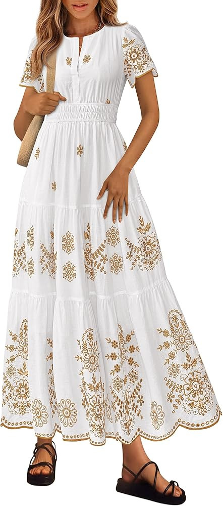 PRETTYGARDEN Summer Dresses for Women 2026 Floral Boho Maxi Spring Casual Short Sleeve V Neck Ela... | Amazon (US)