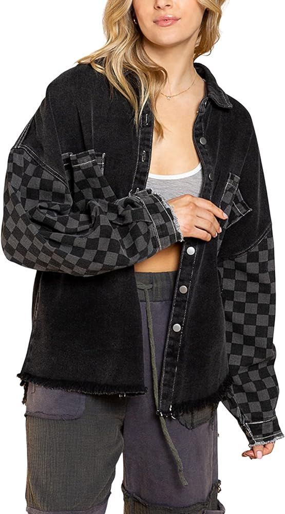PUWEI Oversized Denim Jacket for Women Frayed Checkered Shirt Jacket Plaid Jean Shacket | Amazon (US)