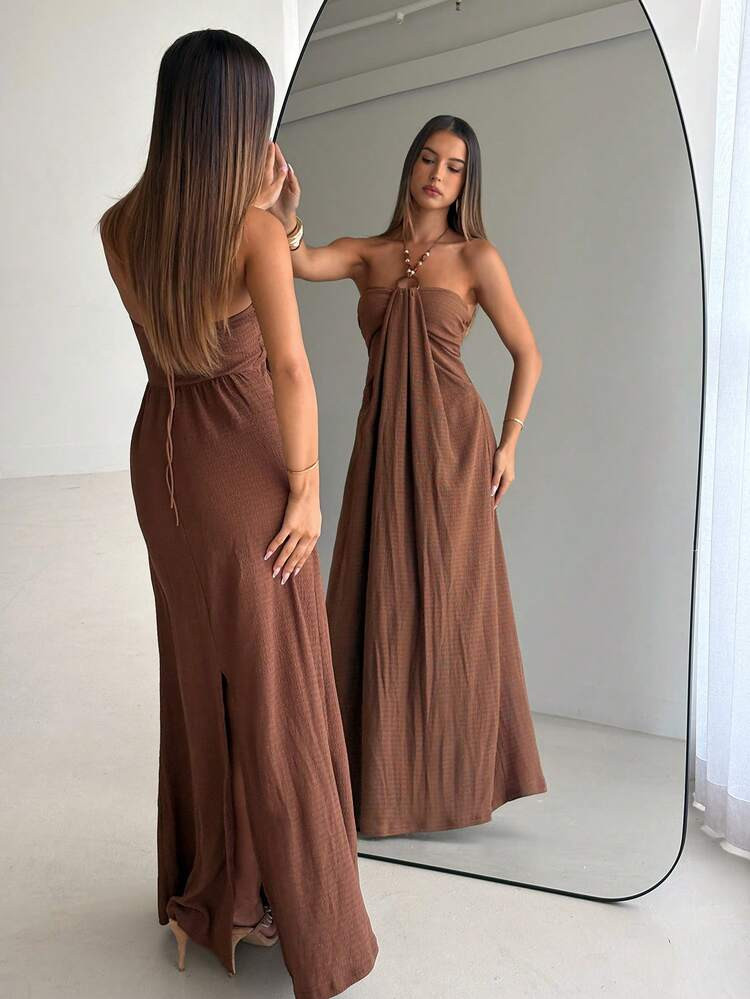 Aloruh Women's Solid Color Ruched Halter Casual Daily Date Outing Dress Summer Summer Outfits Sum... | SHEIN