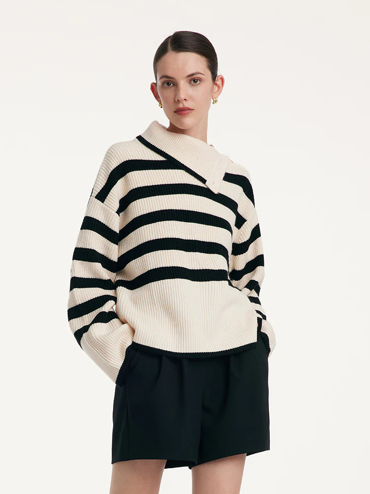 Thermostatic Wool Loose Striped Button-Shoulder Sweater | GOELIA