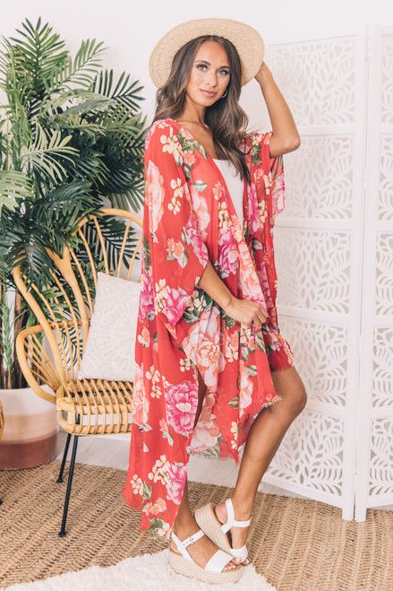 Country Romance Red Floral Duster Kimono | The Pink Lily Boutique