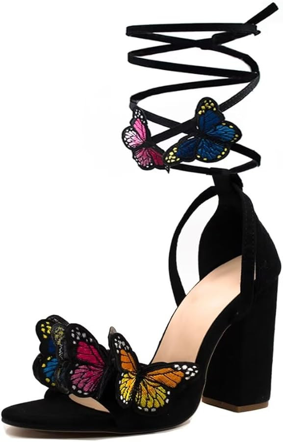 JOEupin Women's Strappy Chunky Heels Sandals 3 inch Butterfly Lace Up Ankle Wrap Heel Wedding Bri... | Amazon (US)