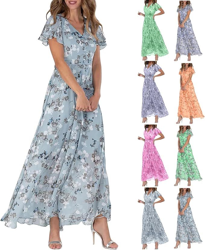 chaktkglok Floral Dress for Women 2024 Flowy Elegant Summer Maxi Dress Chiffon Dress Trendy Short... | Amazon (US)