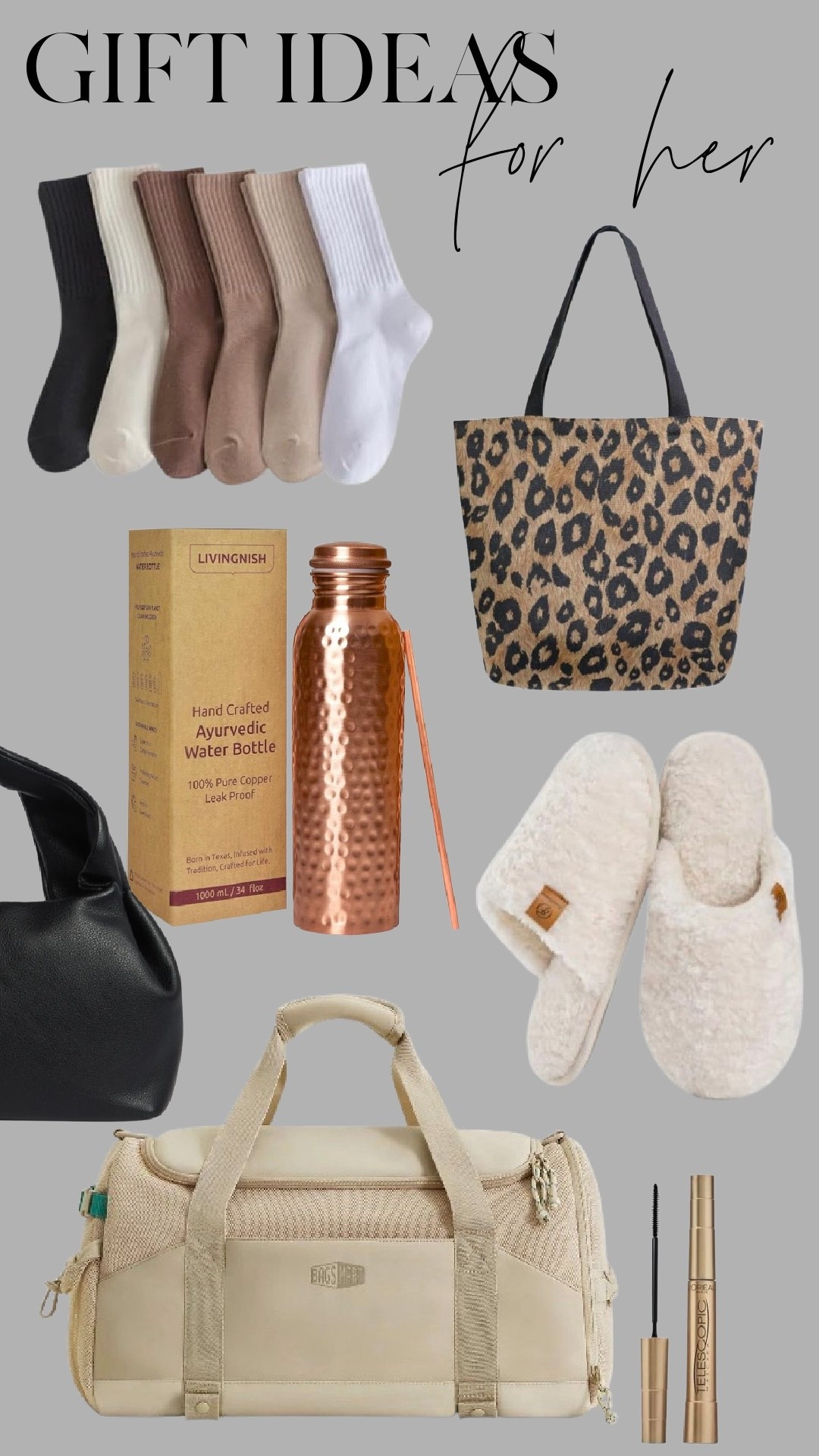 Rounding up my favorite gift ideas for her — all affordable, cozy, and actually useful. These are the items I reach for constantly: neutral crew socks, a chic everyday tote, a handcrafted copper water bottle, the softest sherpa slippers, my go-to mascara, a classic black crossbody, and the travel duffel everyone loves. Perfect for moms, sisters, girlfriends, teachers, or anyone who loves practical, stylish gifts. Tap to shop each item and save this for your holiday gift planning.

#LTKFindsUnder50 #LTKBeauty #LTKGiftGuide