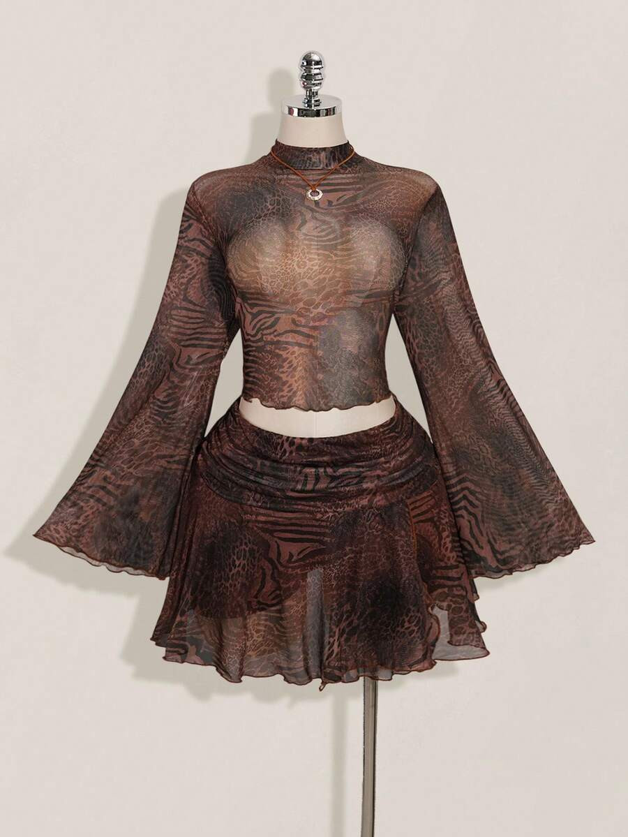 SHEIN ICON Plus Size Women's Flare Sleeve Music Festival Leopard Print Blouse, Leopard Print Ruch... | SHEIN