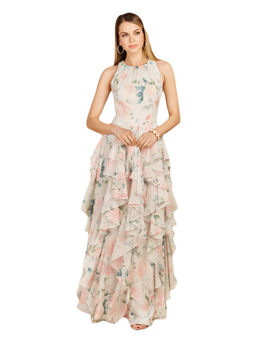 LARA New York High Neck, Ruffled Skirt Printed Dress in Whiterose at Nordstrom, Size 12 | Nordstrom