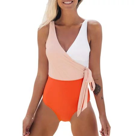 Cupshe Women s Orange Color Block One Piece Swimsuit Plunging Knotted Monokini XS | Walmart (US)