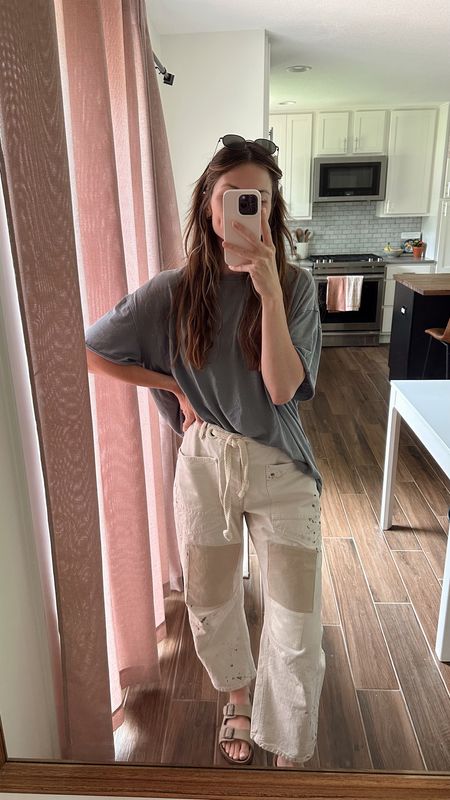 favorite tee, so soft, perfectly oversized and comfortable to nurse in - wearing a small
jeans restocked, just the right amount of barrel imo, I think they’re tts but could size down - love the adjustable waist 

Summer outfit, barrel jeans outfit, mom outfit 