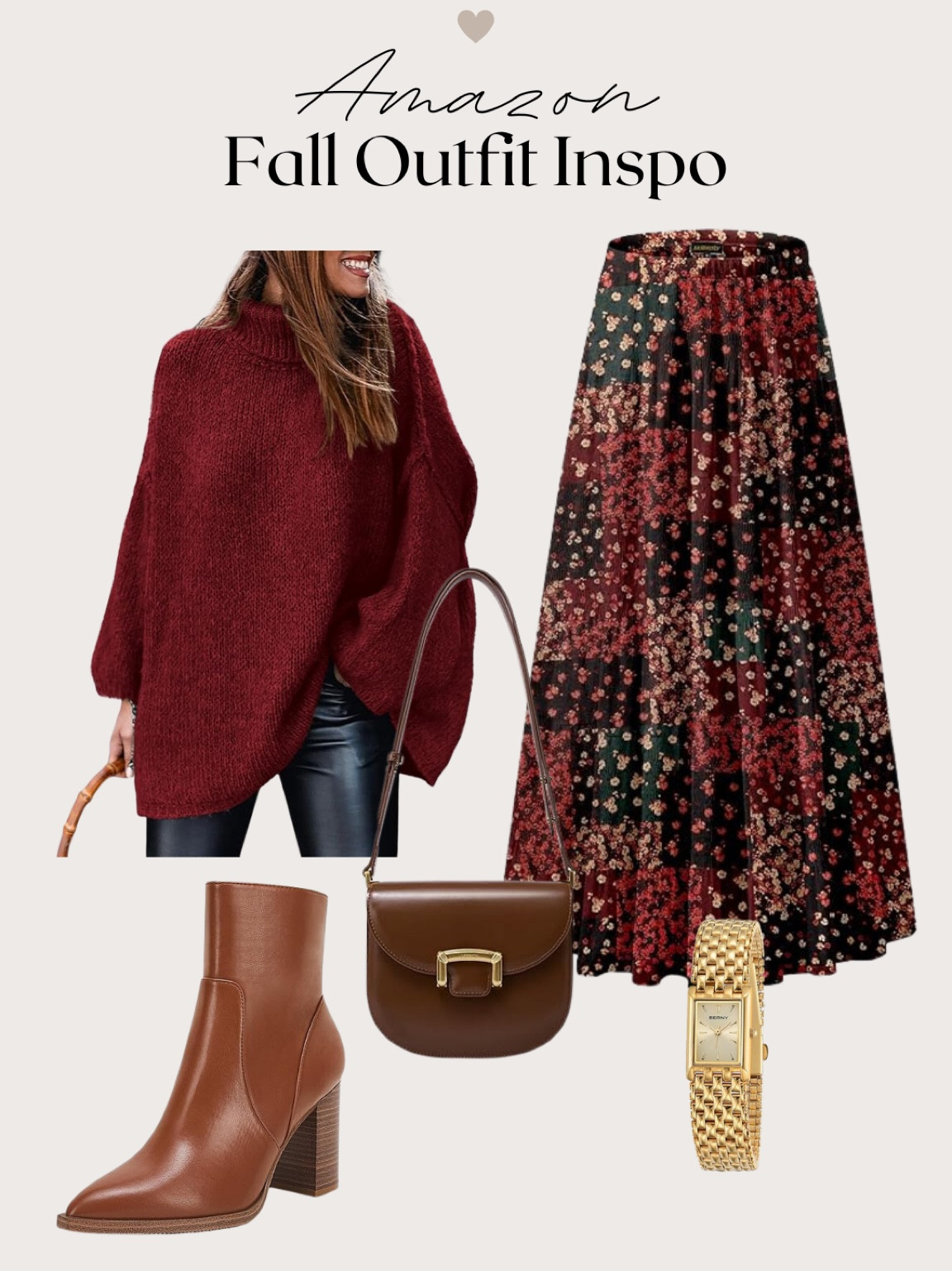 Fall outfit inspo from Amazon! Fall fashion outfit - burgundy sweater, skirt, brown booties and bag. Office outfit, brunch outfit 

#LTKWorkwear #LTKSeasonal #LTKFindsUnder50