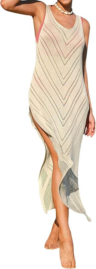 CUPSHE Cover Up for Women Beachwear Round Neck Crochet Sleeveless Maxi Length Pull Over Loose Wai... | Amazon (US)