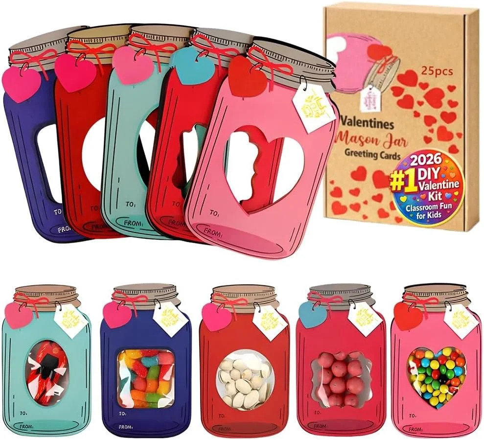 Mason Jar Happy Valentine's Day Cards, 2026 Candy Holder Craft Kit,Treat Bags Included,Valentines... | Walmart (US)